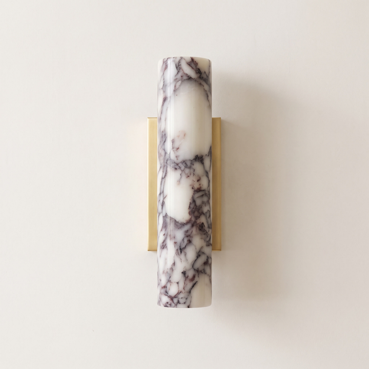 Calacatta Viola marble wall light with rectangular brushed brass backplate, switched off
