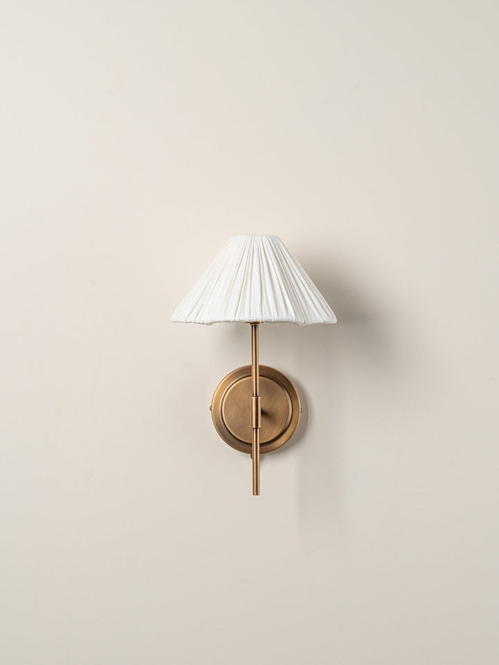 Aged Brass Wall Light with Floral Linen Shade - Elegant Scalloped Sconce for Bedroom and Living Room 0