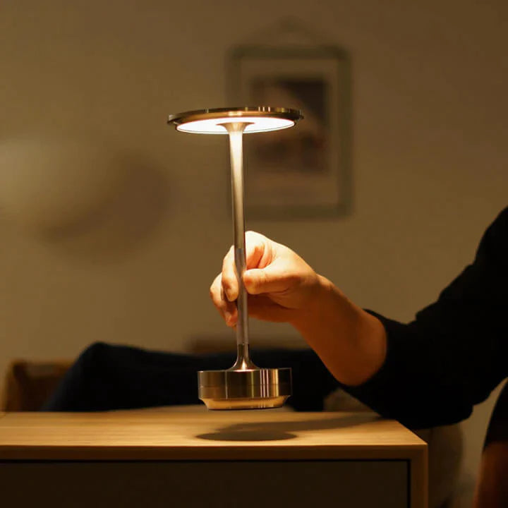 Silver cordless table lamp lifted by its stem from a bedside table