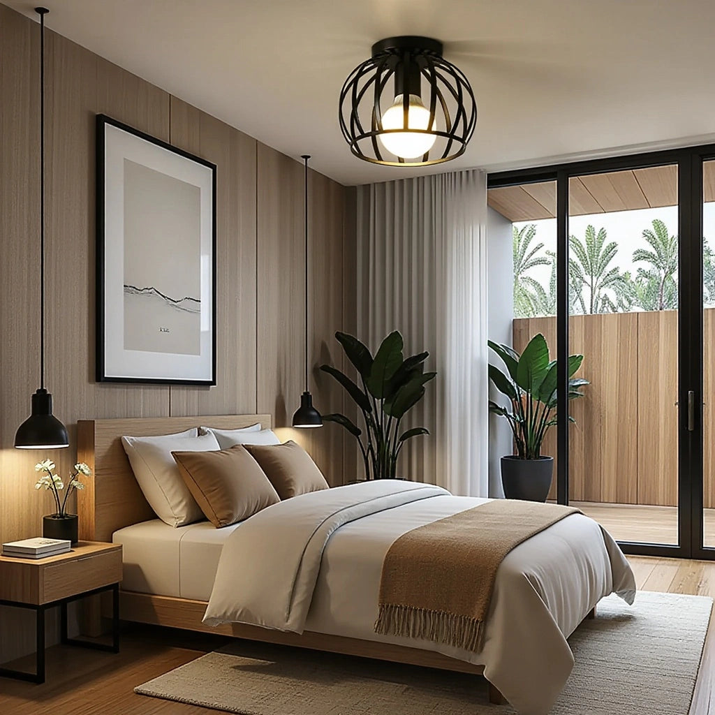 Black Industrial Flush Mount Ceiling Light Fixture for Bedrooms, Bathrooms, and Hallways - 360-Degree Illumination 1