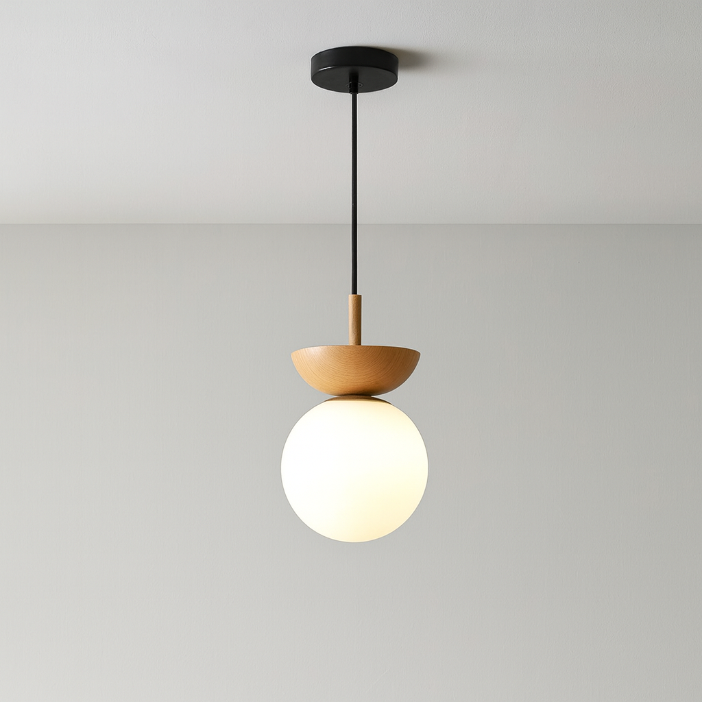 Minimalist Japanese Globe Pendant Lamp in Light Wood