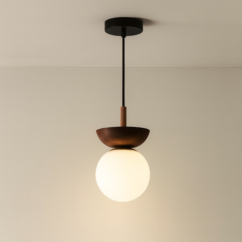 Minimalist Japanese Globe Pendant Lamp in Dark Wood