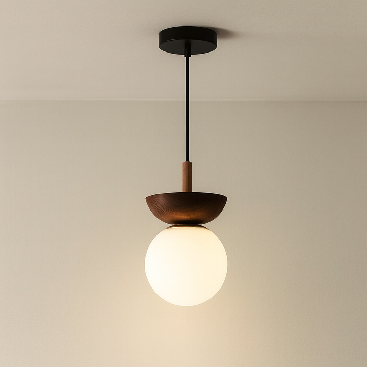 Minimalist Japanese Globe Pendant Lamp in Dark Wood