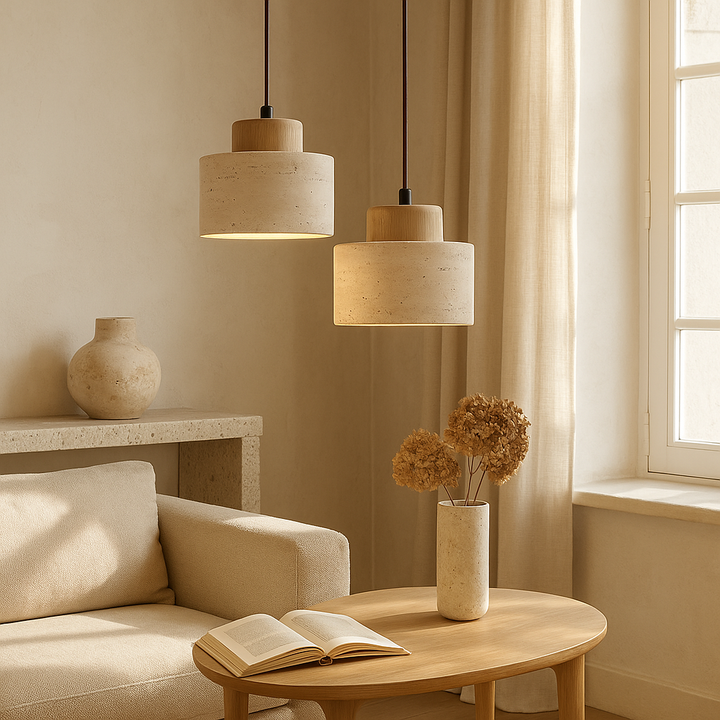 Contemporary Travertine Stone Pendant Light - Adjustable Height for Kitchen Island and Dining Spaces, LED Compatible, Dimmable 2