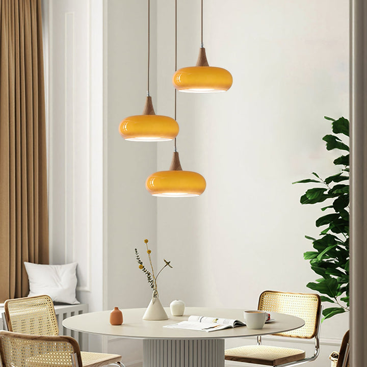 Amber Glass and Wood Pendant Light