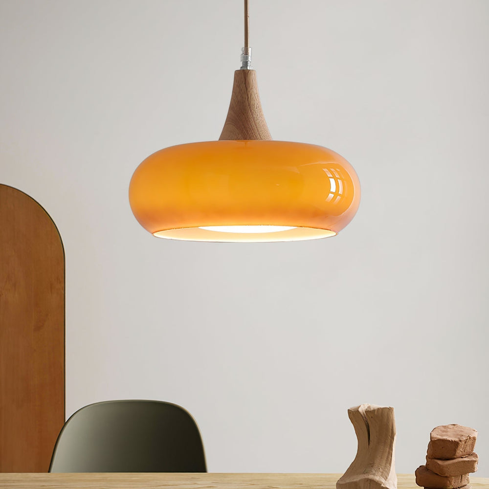 Amber Glass and Wood Pendant Light - View 2