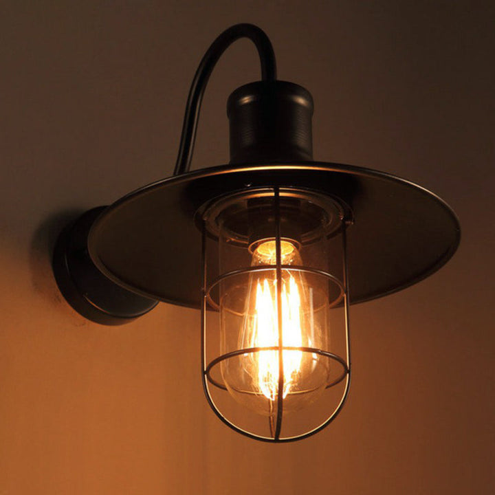 Industrial Black Gooseneck Wall Sconce with Cage Shade - Vintage Metal Light Fixture 0