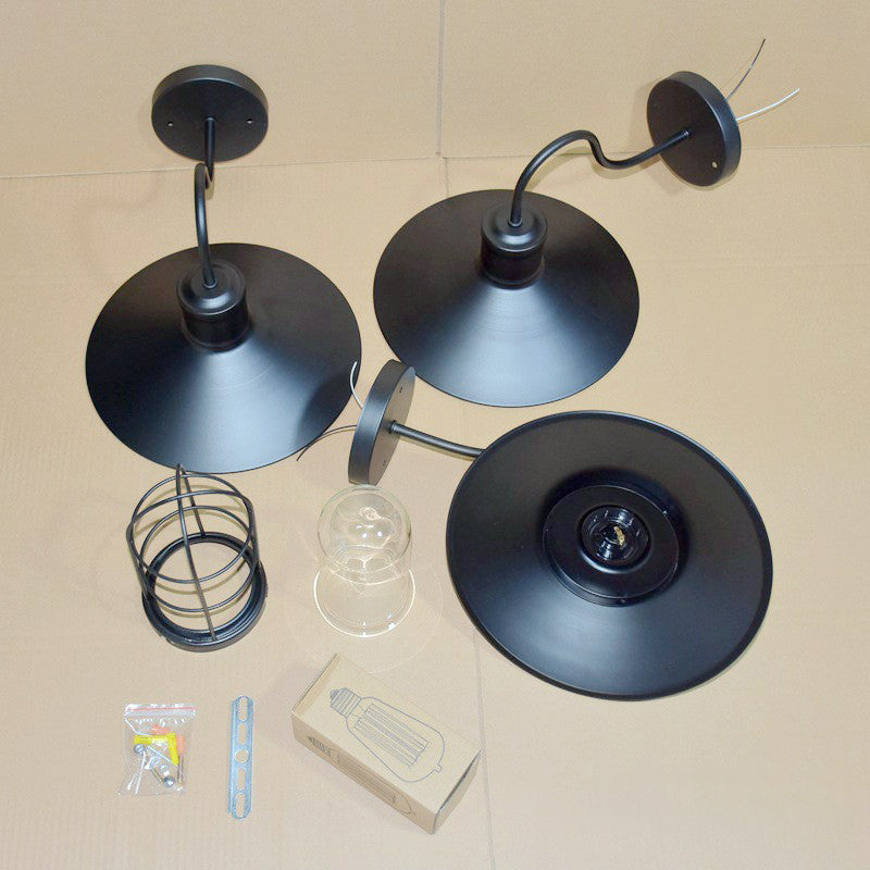 Industrial Black Gooseneck Wall Sconce with Cage Shade - Vintage Metal Light Fixture 1