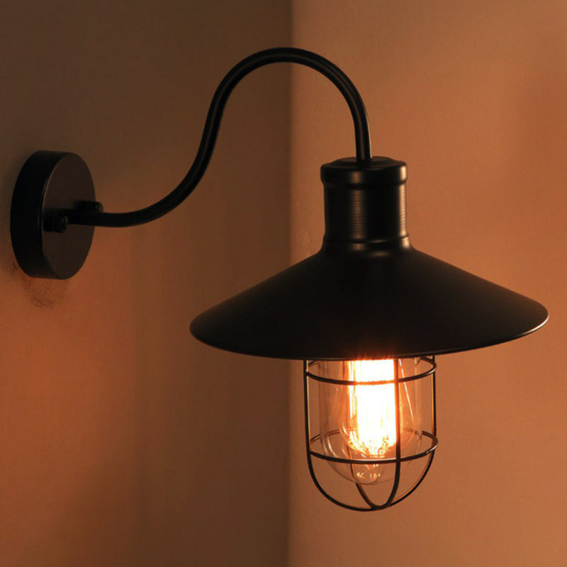 Industrial Black Gooseneck Wall Sconce with Cage Shade - Vintage Metal Light Fixture 2