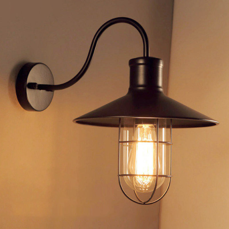 Industrial Black Gooseneck Wall Sconce - Vintage Cage Shade – Eldrane