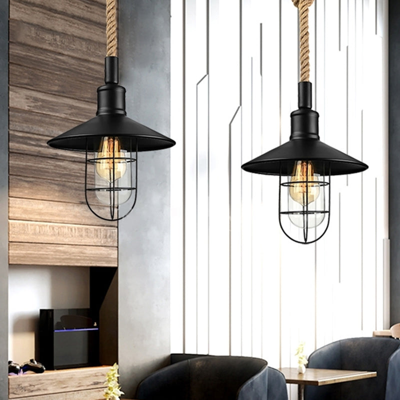Industrial Cage Pendant Light with Hemp Rope Cord - Black Metal Ceiling Lamp 0