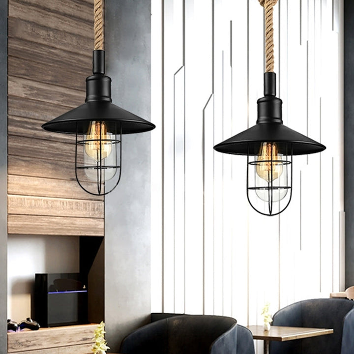 Industrial Cage Pendant Light with Hemp Rope Cord - Black Metal Ceiling Lamp 0