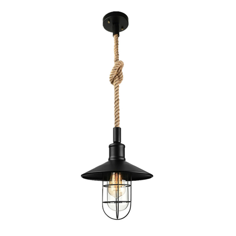 Industrial Cage Pendant Light with Hemp Rope Cord - Black Metal Ceiling Lamp 1