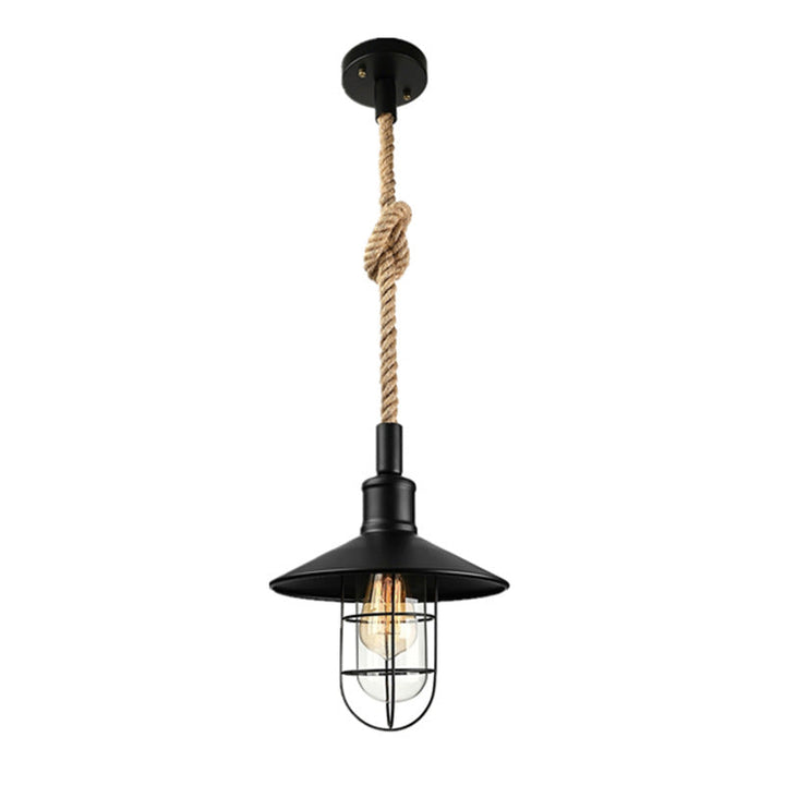 Industrial Cage Pendant Light with Hemp Rope Cord - Black Metal Ceiling Lamp 1