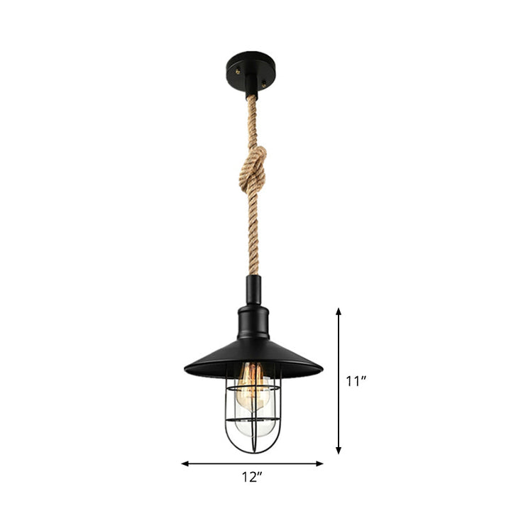 Industrial Cage Pendant Light with Hemp Rope Cord - Black Metal Ceiling Lamp 2