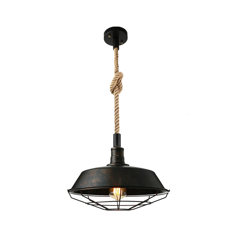 Industrial Cage Pendant Light with Hemp Rope Cord - Black Metal Ceiling Lamp 4
