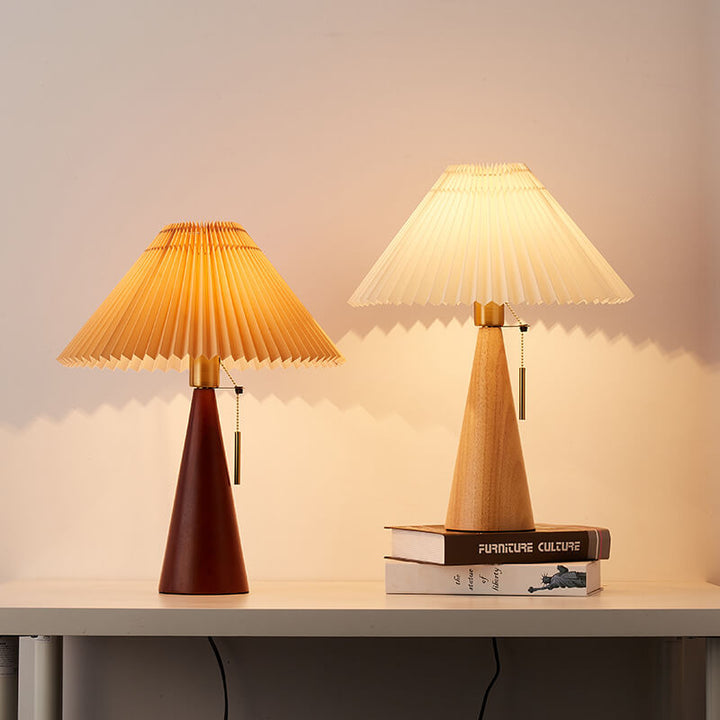 Japanese Minimalist Pleated Wooden LED Table Lamp - Natural Wood Base with Fabric Shade 0