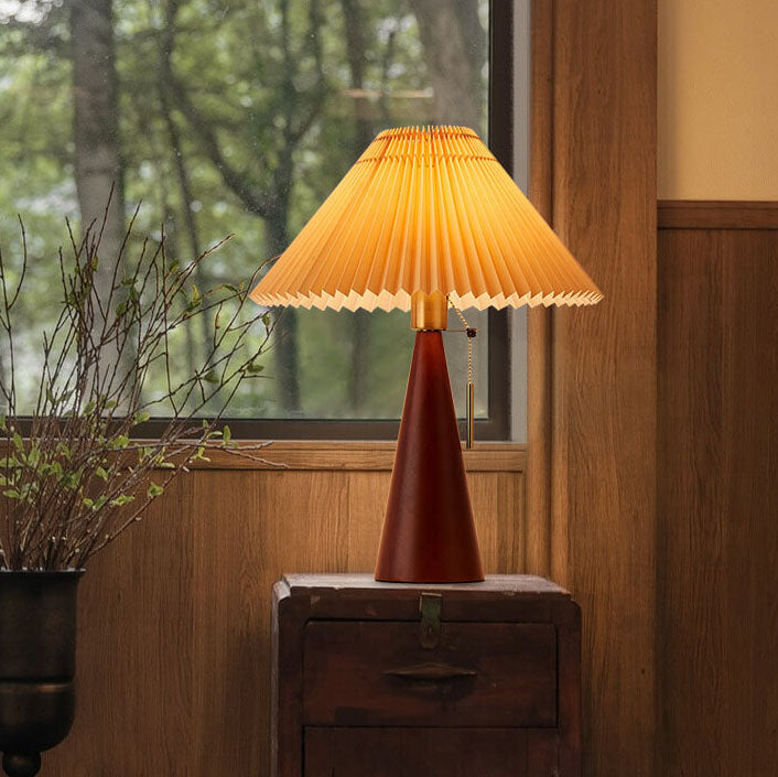 Japanese Minimalist Pleated Wooden LED Table Lamp - Natural Wood Base with Fabric Shade 4