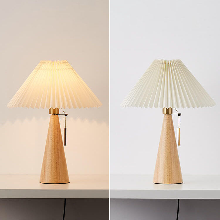 Japanese Minimalist Pleated Wooden LED Table Lamp - Natural Wood Base with Fabric Shade 6