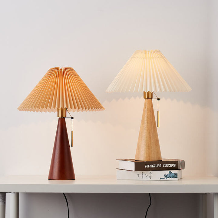 Japanese Minimalist Pleated Wooden LED Table Lamp - Natural Wood Base with Fabric Shade 7
