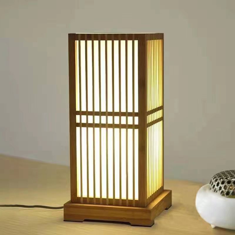 Japanese Minimalist Wooden Square Column Table Lamp - 1-Light Plug-In Design 1