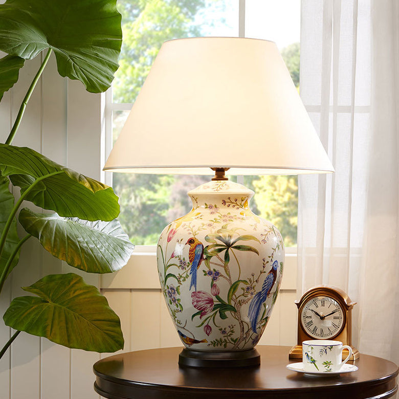 Modern Retro Ceramic Table Lamp with Floral and Bird Design - 1-Light Fixture 0