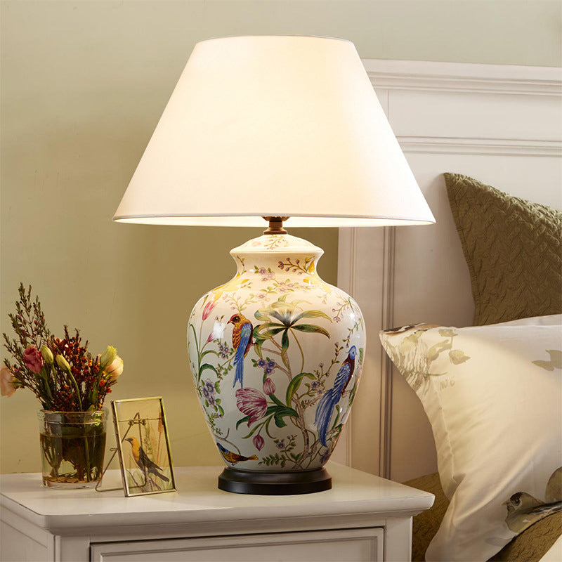 Modern Retro Ceramic Table Lamp with Floral and Bird Design - 1-Light Fixture 1