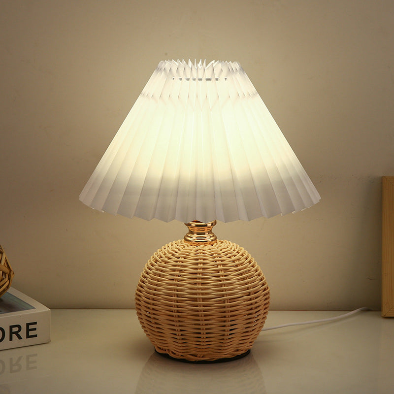 Nordic Rattan Table Lamp with Pleated Fabric Shade - LED Bedside Lighting 0