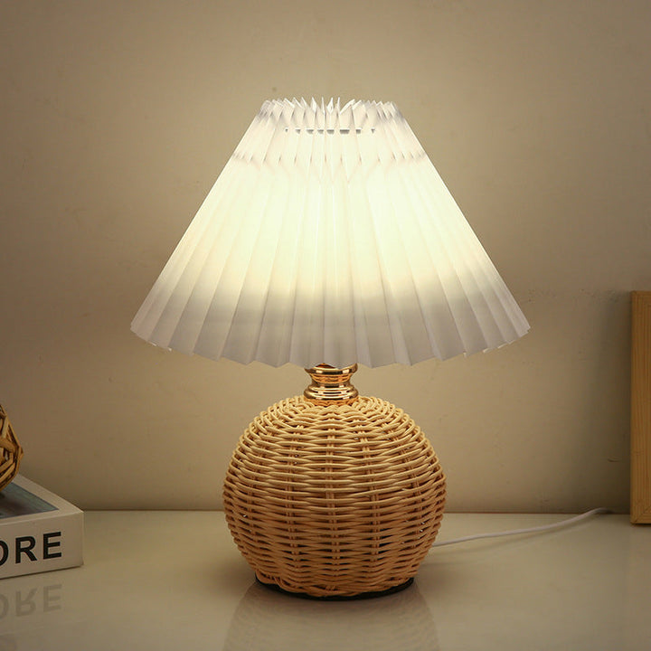Nordic Rattan Table Lamp with Pleated Fabric Shade - LED Bedside Lighting 0