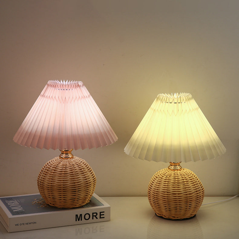 Nordic Rattan Table Lamp with Pleated Fabric Shade - LED Bedside Lighting 1