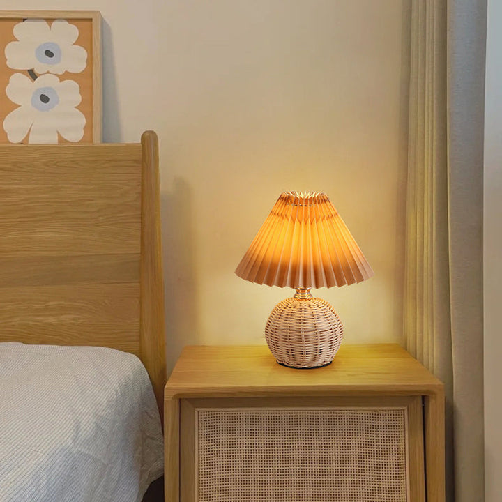 Nordic Rattan Table Lamp with Pleated Fabric Shade - LED Bedside Lighting 10