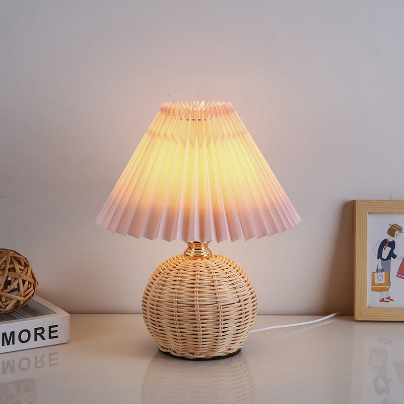Nordic Rattan Table Lamp with Pleated Fabric Shade - LED Bedside Lighting 11