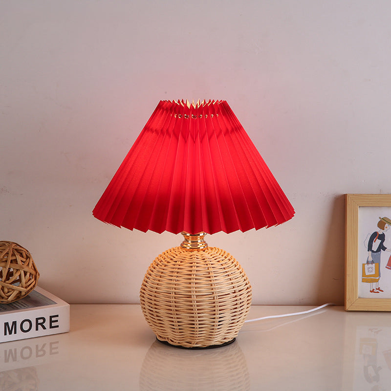 Nordic Rattan Table Lamp - Pleated Fabric Shade