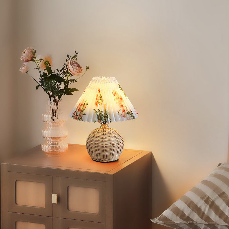 Nordic Rattan Table Lamp with Pleated Fabric Shade - LED Bedside Lighting 3