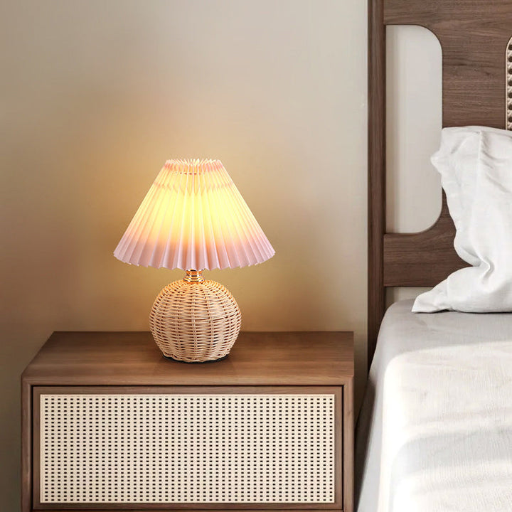 Nordic Rattan Table Lamp with Pleated Fabric Shade - LED Bedside Lighting 4