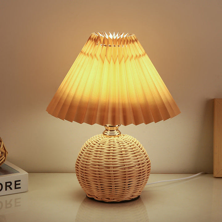 Nordic Rattan Table Lamp with Pleated Fabric Shade - LED Bedside Lighting 5