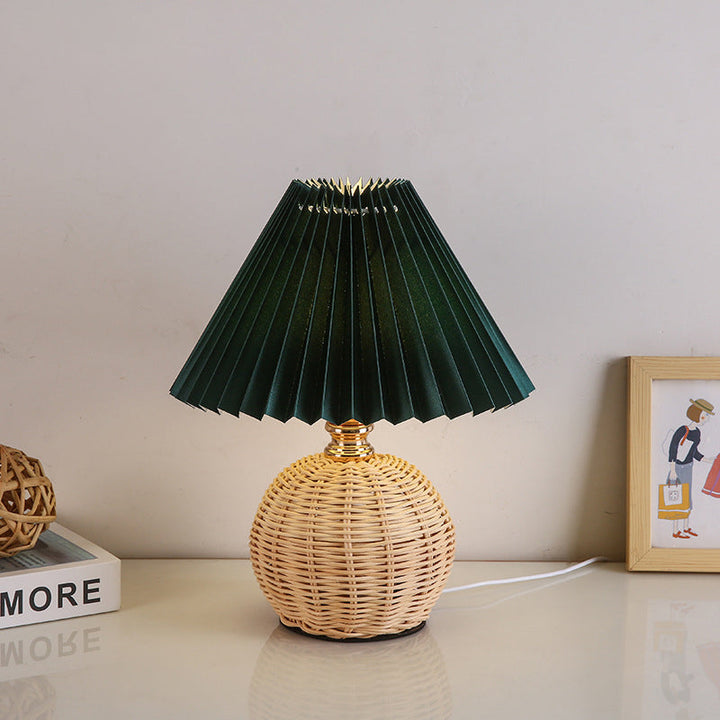Nordic Rattan Table Lamp with Pleated Fabric Shade - LED Bedside Lighting 6