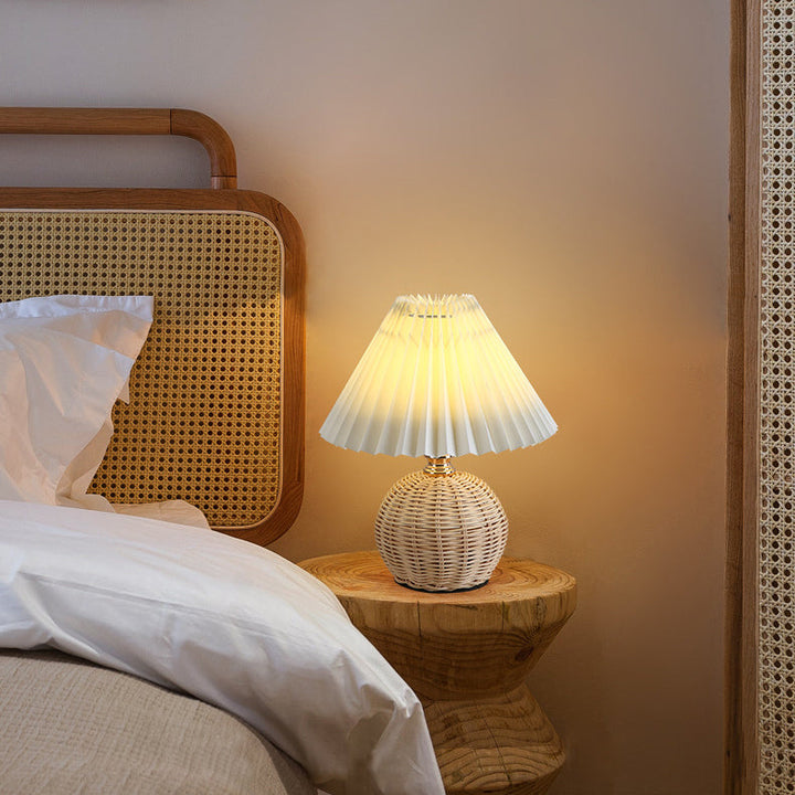 Nordic Rattan Table Lamp with Pleated Fabric Shade - LED Bedside Lighting 7