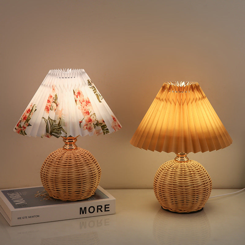 Nordic Rattan Table Lamp with Pleated Fabric Shade - LED Bedside Lighting 8