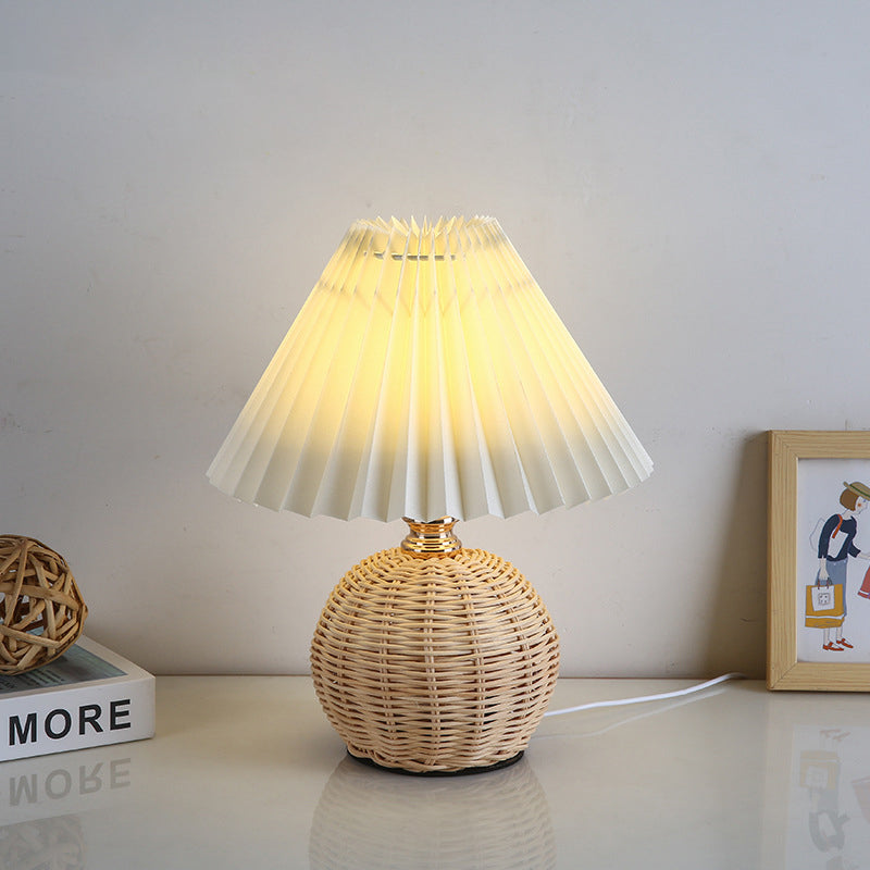 Nordic Rattan Table Lamp with Pleated Fabric Shade - LED Bedside Lighting 9