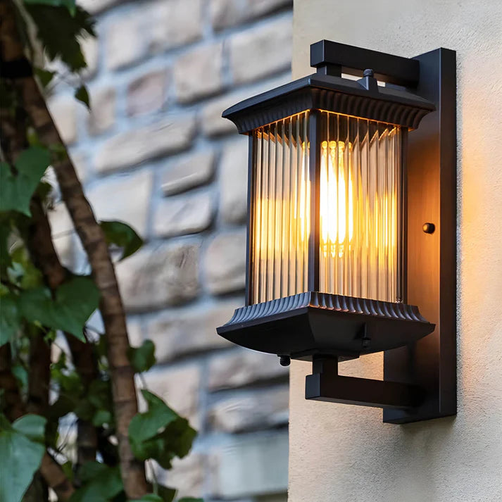 Outdoor Wall Light with Fluted Glass Panels and Coffee Brown Finish - Elegant LED Exterior Wall Lantern for Patios and Entryways 0