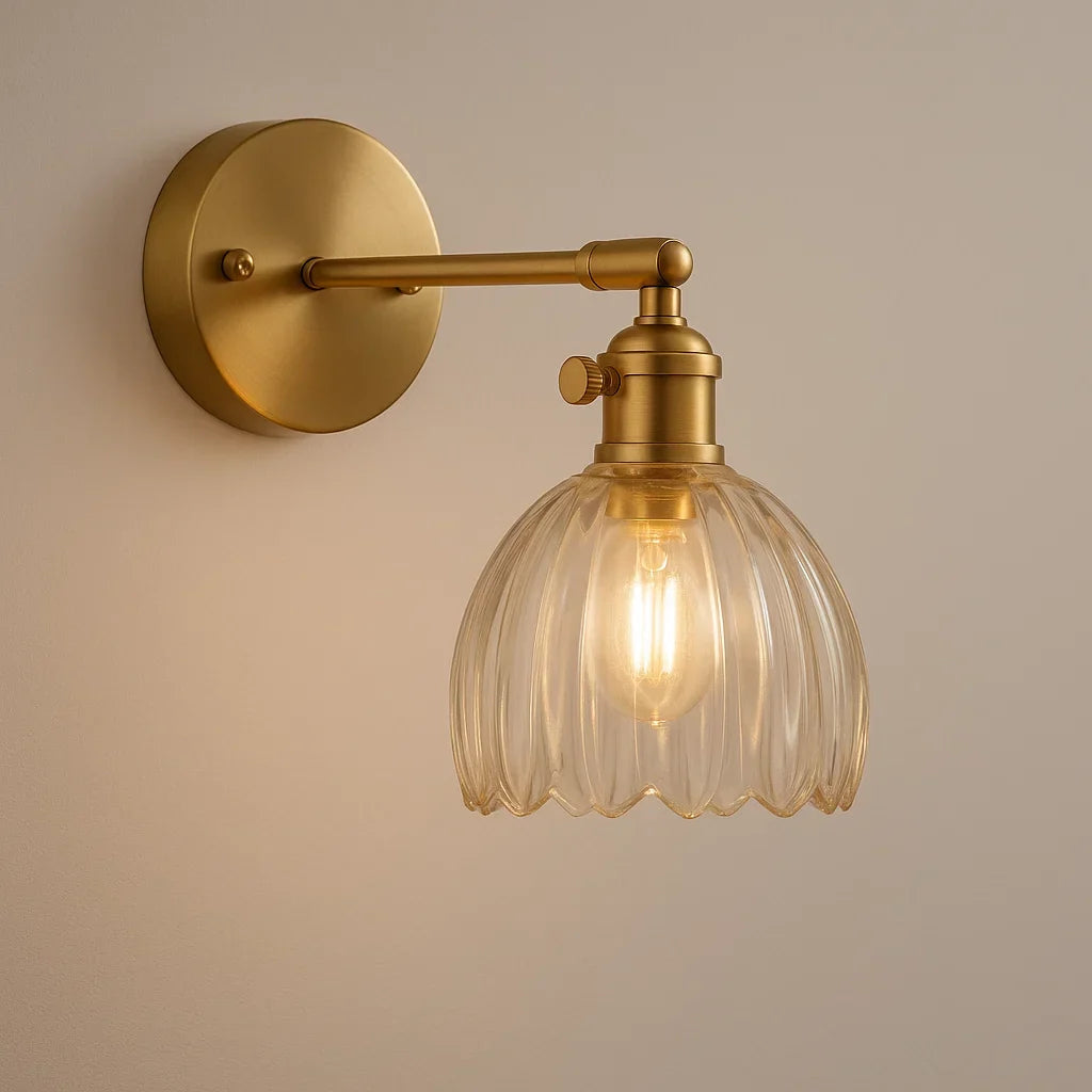 Retro Brass Wall Sconce with Fluted Glass Shade - Adjustable Wall Lamp for Bedside Reading Light 0