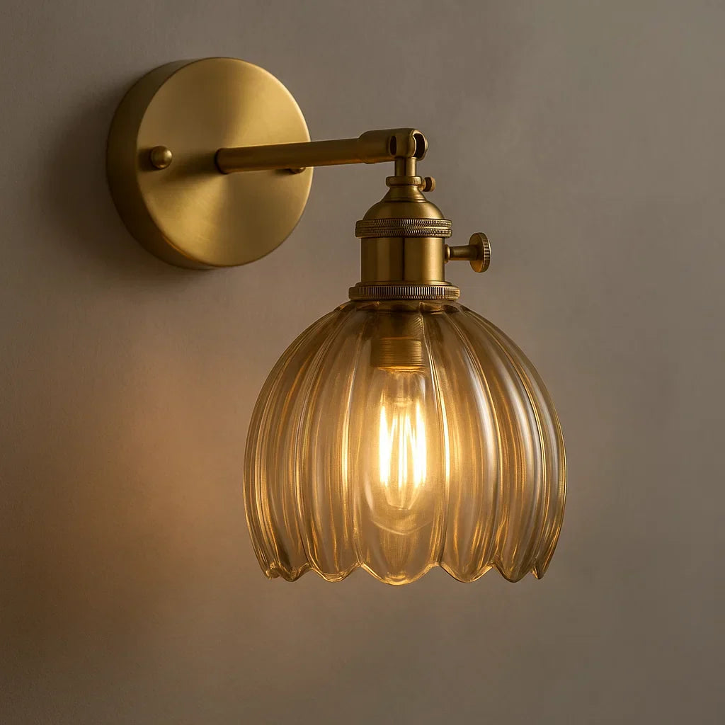 Retro Brass Wall Sconce with Fluted Glass Shade - Adjustable Wall Lamp for Bedside Reading Light 1
