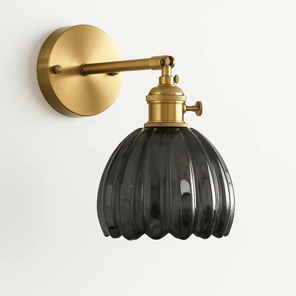 Retro Brass Wall Sconce with Fluted Glass Shade - Adjustable Wall Lamp for Bedside Reading Light 2