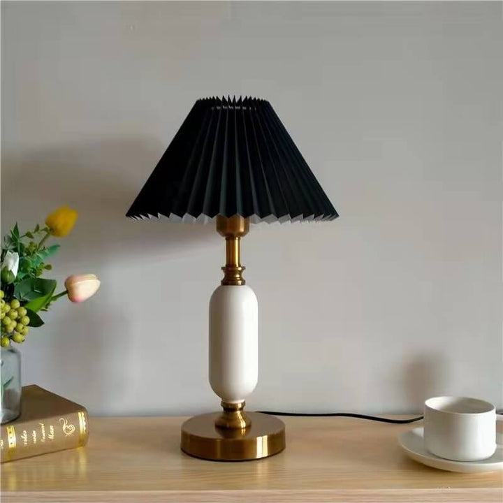 Retro Pleated Table Lamp with Black Shade - Vintage Brass Column Design for Bedroom and Living Room 0