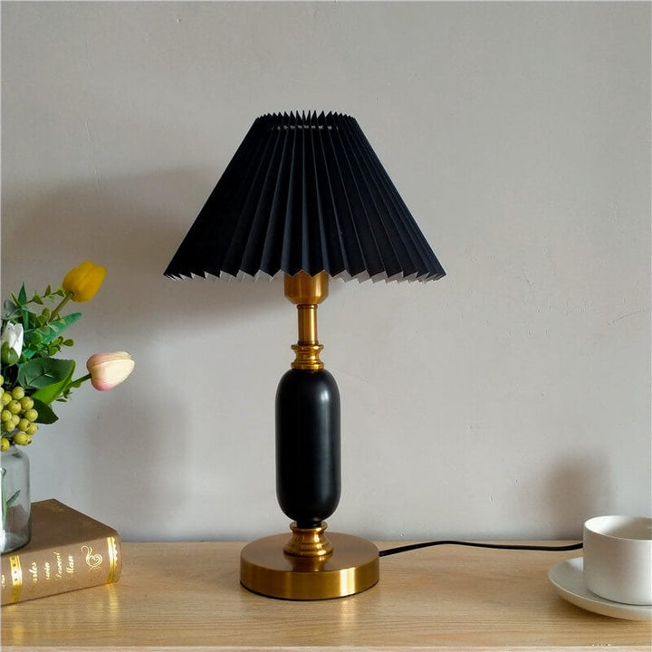 Retro Pleated Table Lamp with Black Shade - Vintage Brass Column Design for Bedroom and Living Room 1