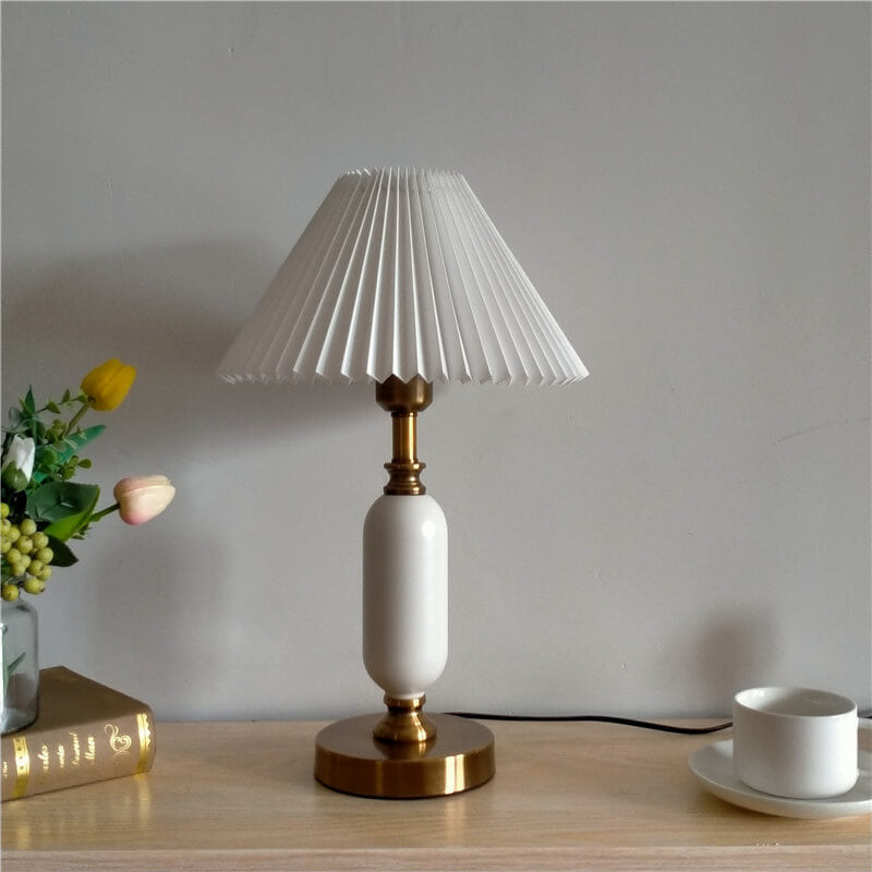Retro Pleated Table Lamp with Black Shade - Vintage Brass Column Design for Bedroom and Living Room 10