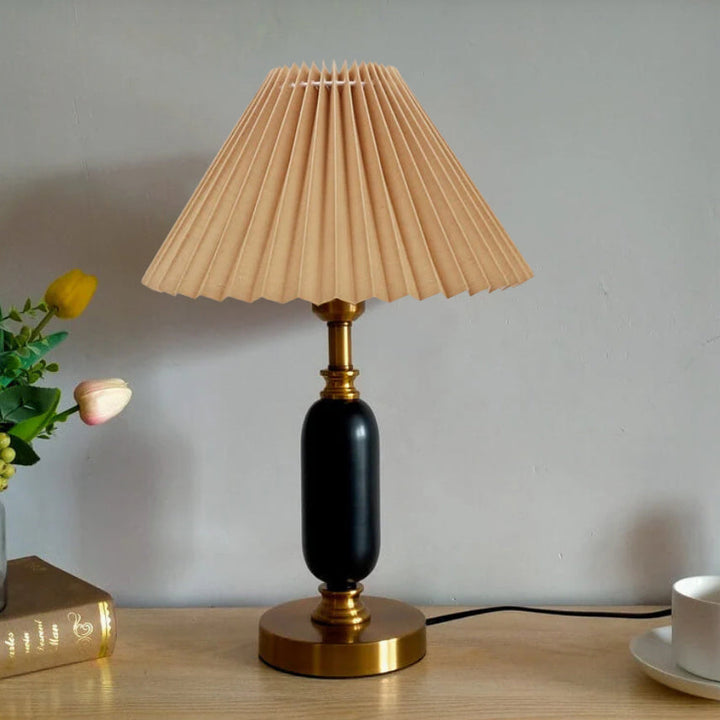 Retro Pleated Table Lamp with Black Shade - Vintage Brass Column Design for Bedroom and Living Room 2