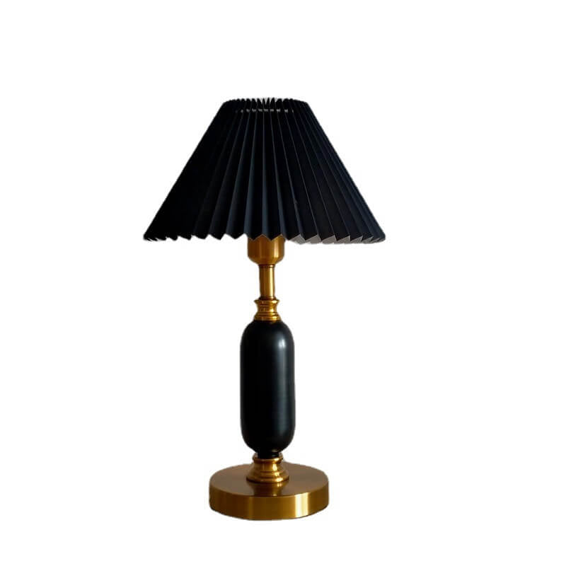 Retro Pleated Table Lamp with Black Shade - Vintage Brass Column Design for Bedroom and Living Room 3