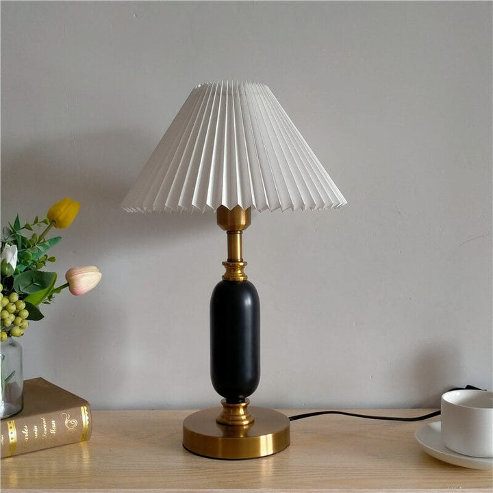 Retro Pleated Table Lamp with Black Shade - Vintage Brass Column Design for Bedroom and Living Room 9